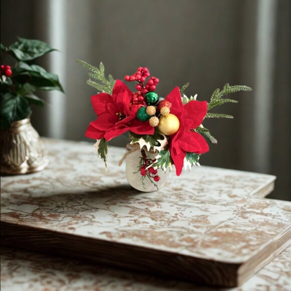 Red Poinsettia Christmas Faux Floral Arrangement in Frosted Mason Jar Decor - Picture 6 of 10